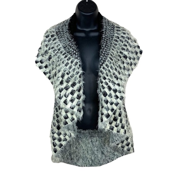 Sioni Liquid Black White Fuzzy Knit Open Knit Soft Draped Sweater Small Medium - Picture 1 of 8
